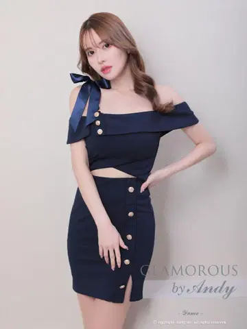[ GLAMOROUS by Andy ] 리본 체인 오프숄 미니 드레스