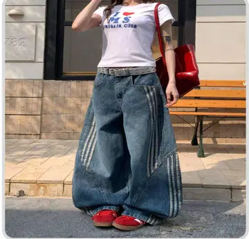 스트라이프 디자인 와이드 데님 팬츠