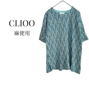 CLIOO 일본제 마 혼방 5부 상의 얇은 소재 캐주얼 빈티지 그린