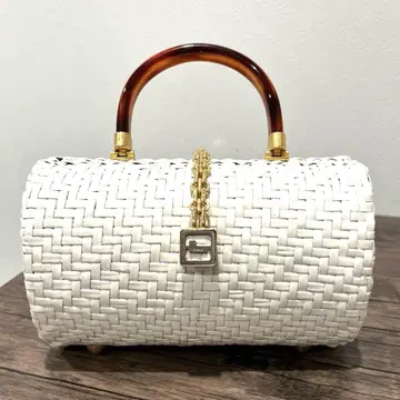 LANCEL Rattan Hand Bag 화이트 뜨개질 원형 바스켓백