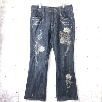 Y2K 00년대 보헤미안 시크 구제 의류 퇴폐 장미 자수 부츠컷 청바지