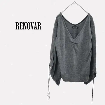 RENOVAR [ L ] V넥 니트 개더 소매 프린지 그레이 귀여움