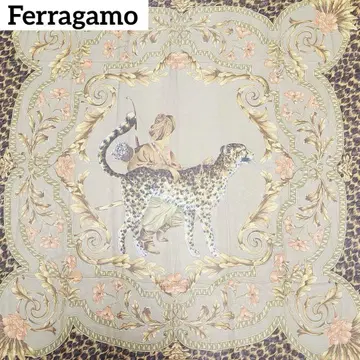 Ferragamo 스카프 대형 쉬폰 레오파드 사냥꾼 꽃 브라운