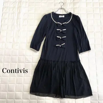 Contivis 네이비 리본 원피스 7부 기장 스커트 레이스