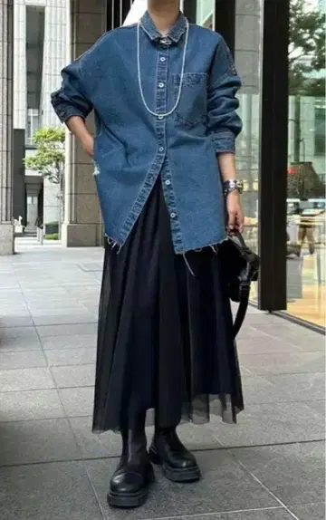 [새상품급] 드두 인기 컬러 데미지 데님 셔츠 블루
