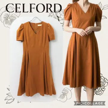 CELFORD 볼륨 소매 A라인 컷 원피스 카멜