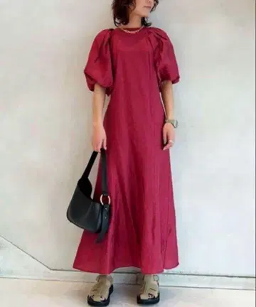 퍼프 슬리브 롱 원피스 핑크
