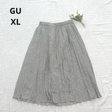 GU 지유 [XL] 하운드투스 패턴 플리츠 롱 스커트 허리밴딩 블랙