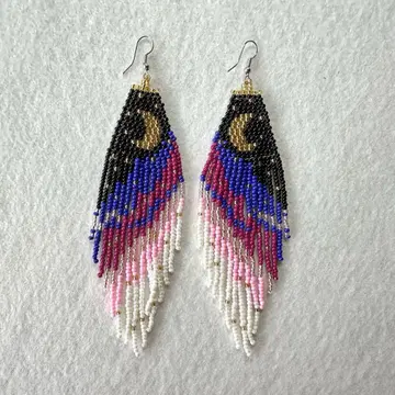 비즈 프린지 귀걸이 달 모티브 약 10cm 이상