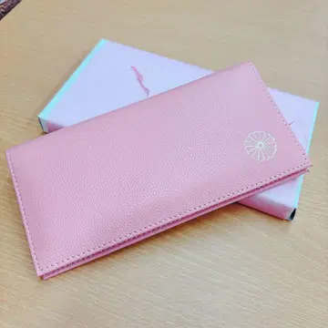 [미사용] 황거 히가시교엔 국화 문양 소가죽 장지갑 핑크