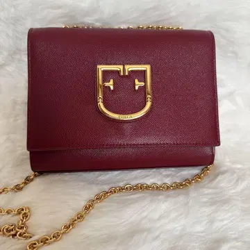 FURLA 훌라 버건디 가죽 숄더백 천연 가죽 체인 금