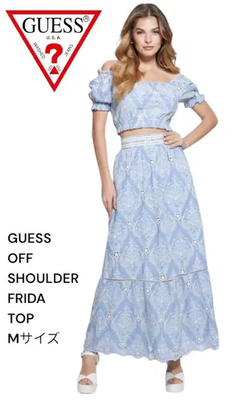 새상품급 GUESS FRIDA 오프숄더 M 사이즈 블루 자수 블라우스