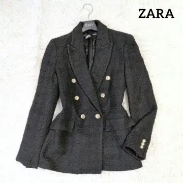 [새상품급] ZARA 테일러드 자켓 더블 골드 버튼 트위드 블랙 S