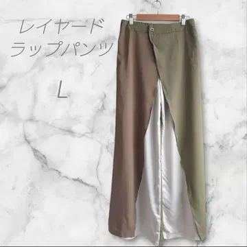 와이드 팬츠 레이어드 랩 팬츠 L 올리브 브라운 멋쟁이