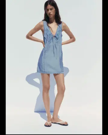 ZARA 자수 숏 원피스 블루