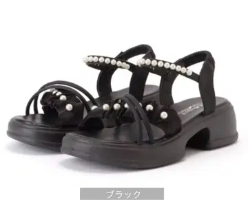 미사용품 블랙 펄 장식 스트랩 샌들 힐 샌들 24.5cm