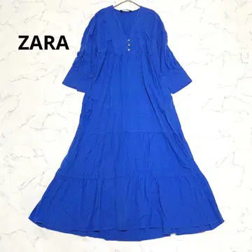 ZARA 린넨 혼방 롱 원피스 블루 넉넉한 맥시 길이 티어드