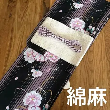 유카타 미사용 새상품 꽃무늬 블랙 오비 포함 성인 면마