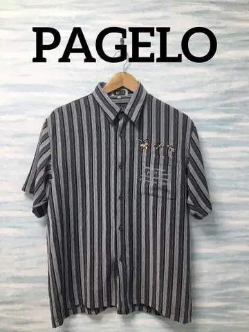 [ PAGELO ] 반팔 셔츠 그레이 스트라이프 자수 M