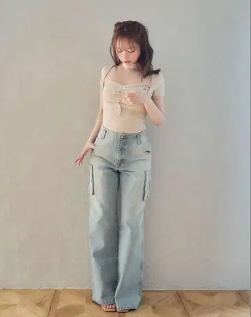 andmary Back ribbon denim cargo pants S