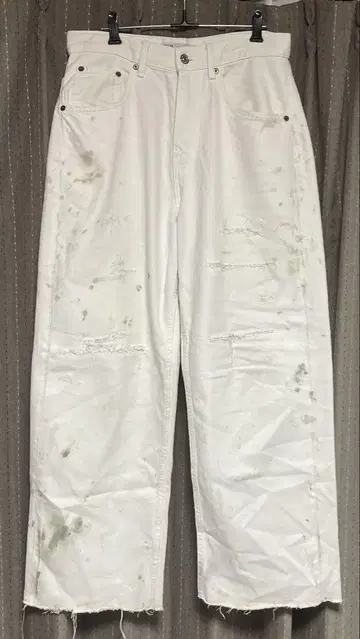 화이트 배기 데님 데미지 가공 페인트 리페어 ZARA 와이드 그런지