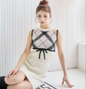 Darich 체크 자카드 니트 미니 원피스 Free GRY