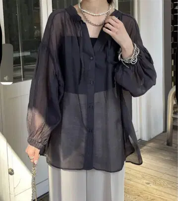 두두 DOUDOU 시스루 시어 셔츠 블라우스 브라운 프릴