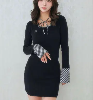 Darich 체크 리본 니트 미니 원피스 프리 사이즈 블랙