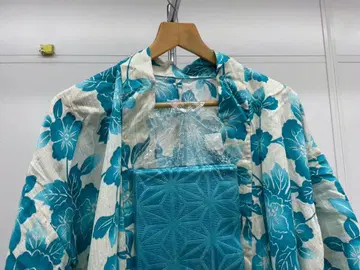 마 잎 오비, 마 유카타, 파랑 화이트 꽃무늬 유카타 오비 세트