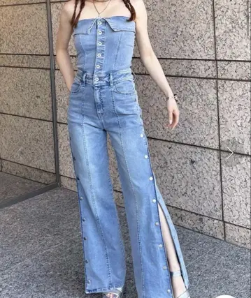 스파이럴걸 사이드 슬릿 스냅 데님 올인원