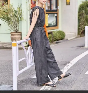 한정판 레이온 데님 소매 리본 올인원