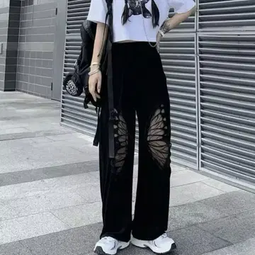 스트릿 의류 팬츠 나비 버터플라이 자수 비침 루즈한 사이즈