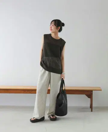 slobeiena 화이트 스트라이프 캐주얼 팬츠 38