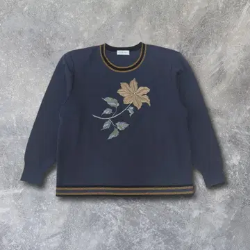 vintage 자수 꽃무늬 니트 상의 레트로 네이비 긴팔