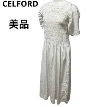 새상품급 CELFORD 탑 셔링 원피스 화이트 블랙 스퀘어 도트 M