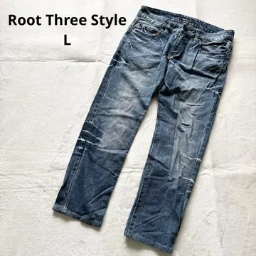 루트 쓰리 스타일 블루 스트레이트 데님 데미지 가공 L