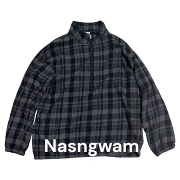 Nasngwam 플란넬 하프 지퍼 체크 무늬 스탠드 칼라 나스