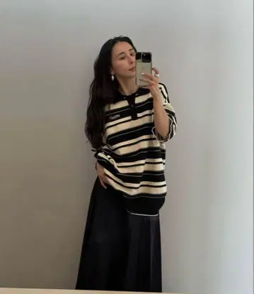 MULTI BORDER 로고 KNIT 폴로 TOP 블랙
