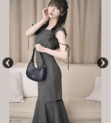 미셸 마카롱 후드 부착 오프숄더 머메이드 원피스