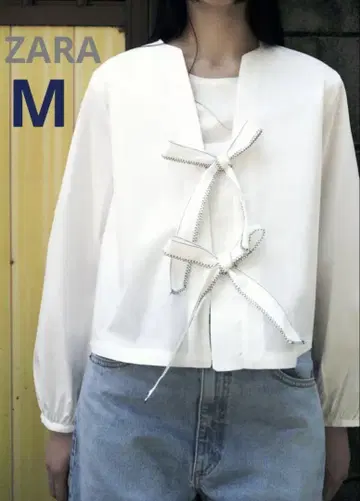 새상품 ZARA 리본 포함 포플린 블라우스 M