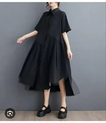 새상품급 비대칭 절개 반팔 셔츠 칼라 원피스 블랙