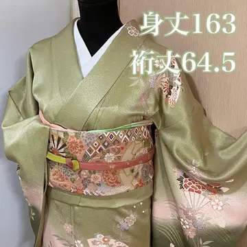 호몬기 쓰케사게 겹옷 순수 실크 카키 녹색