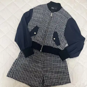 ZARA 셋업 트위드 대비 텍스처 봄버 자켓
