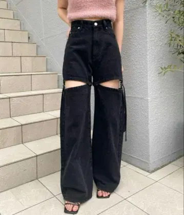 chico 사이드 벨트 슬릿 데님 팬츠 2 블랙