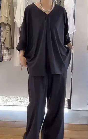 이시카와라보 저지 돌먼 튜닉 와이드 팬츠 셋업 블랙