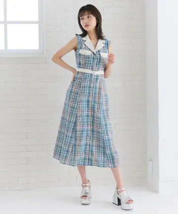 바이컬러 체크 슬리브리스 셔츠 원피스