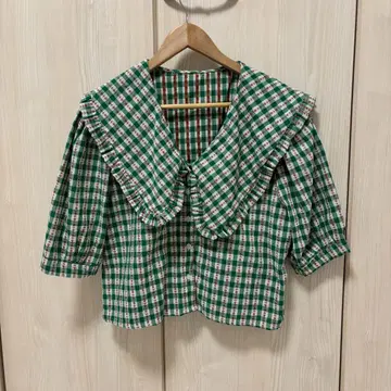 nugu 꽃무늬 체크 세일러 블라우스 그린