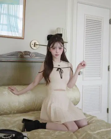 Darich 허리 오픈 스트링 니트 미니 원피스 아이보리 free