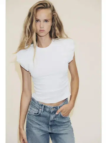 화이트 퍼프 슬리브 T셔츠 포플린 콤비 T셔츠 ZARA 자라 새상품