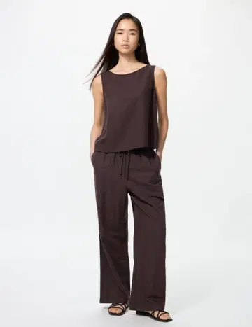 UNIQLO 린넨 블렌드 이지 팬츠 유니클로 S 다크 브라운 표준 기장